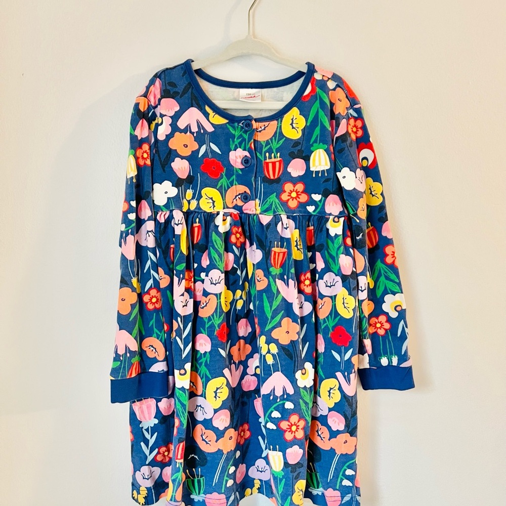 6/7 Hanna Andersson Blue Bright Playful Floral Kids Button Front Dress Girls